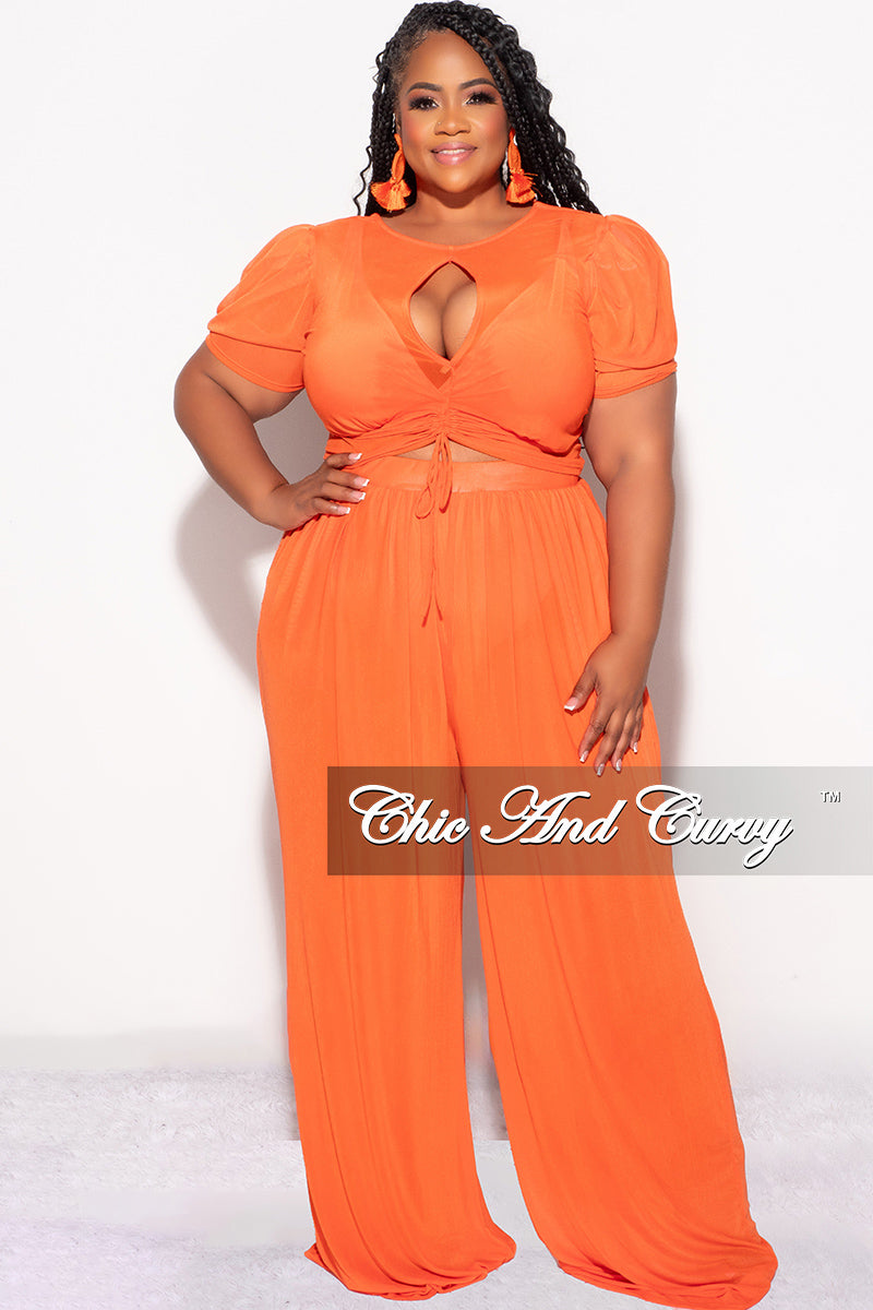 Final Sale Plus Size Mesh 3pc Set Top, Bralette, & Pant with Briefs in Orange