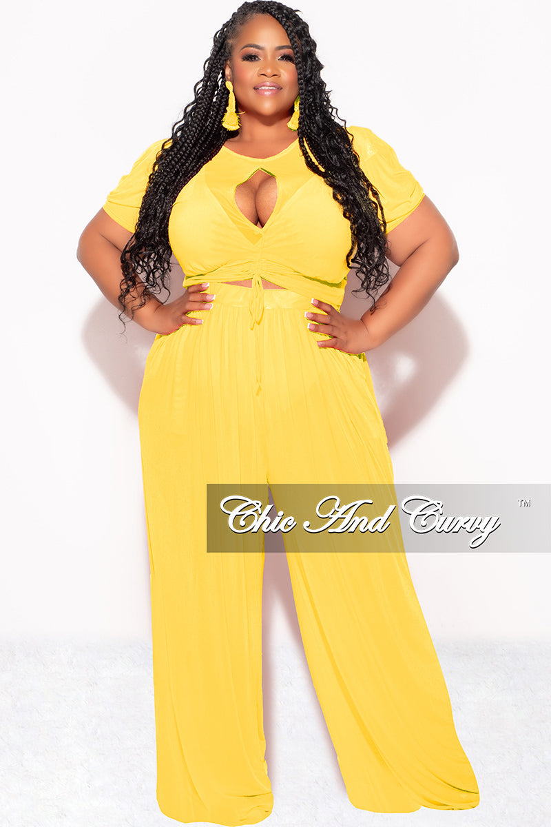 Final Sale Plus Size Mesh 3pc Set Top, Bralette, & Pant with Briefs in Yellow