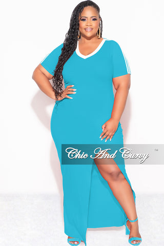 Final Sale Plus Size Ribbed Colorblock Bodycon Dress with Front Slit in Turquoise