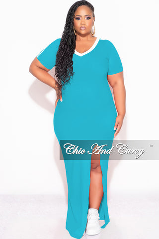 Final Sale Plus Size Ribbed Colorblock Bodycon Dress with Front Slit in Turquoise