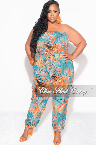 Final Sale Plus Size Strapless Jumpsuit with Tie in Turquoise & Orange Print