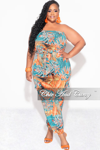 Final Sale Plus Size Strapless Jumpsuit with Tie in Turquoise & Orange Print