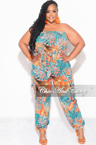 Final Sale Plus Size Strapless Jumpsuit with Tie in Turquoise & Orange Print