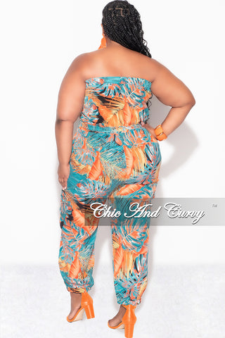 Final Sale Plus Size Strapless Jumpsuit with Tie in Turquoise & Orange Print