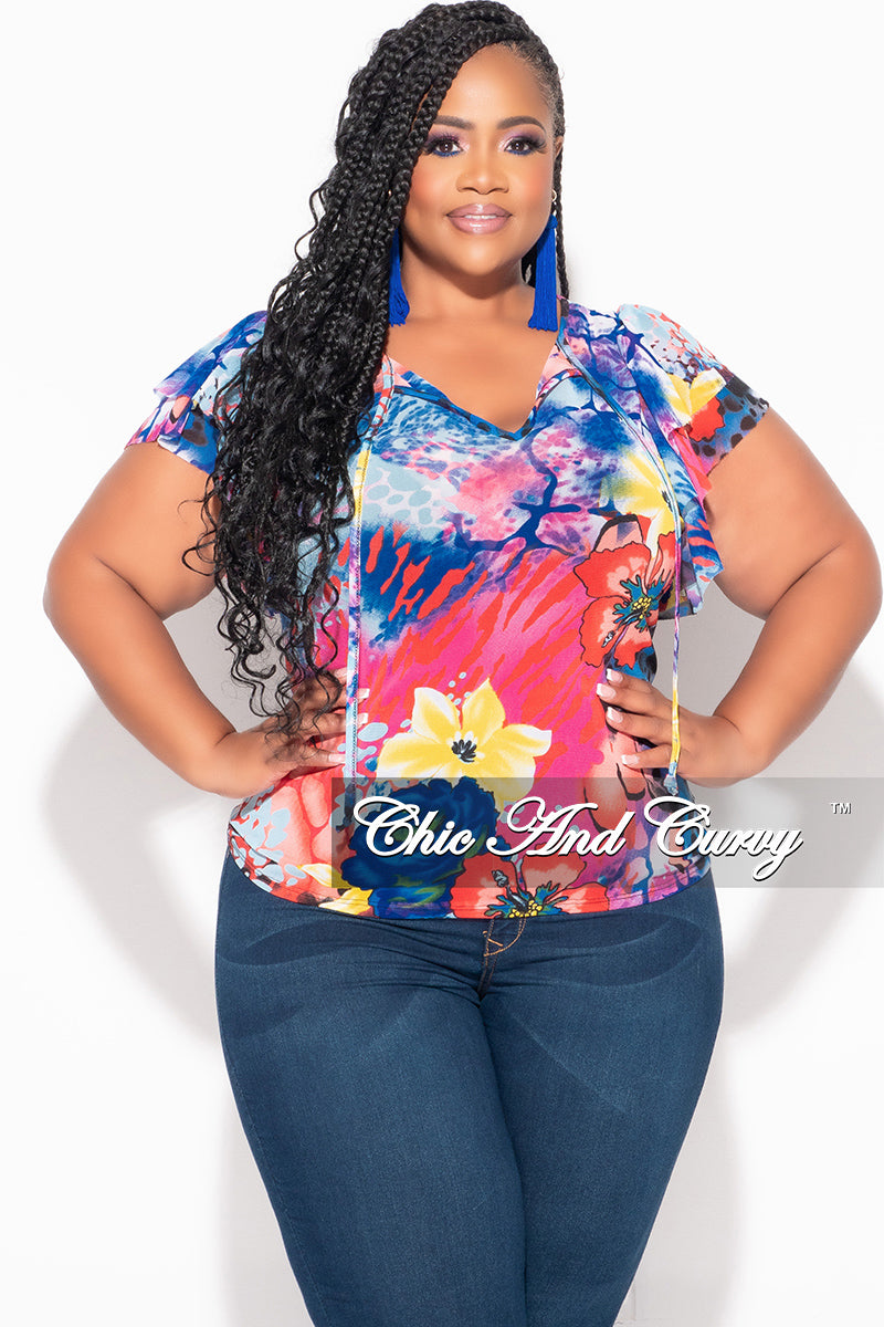 Final Sale Plus Size Mesh Top with Layered Sleeves in Multi Color Print