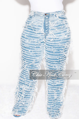 Final Sale Plus Size Shredded Frayed Flare Jeans in Denim