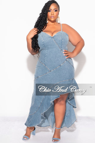 Final Sale Plus Size Sleeveless Asymmetrical Ruffle Dress in Denim