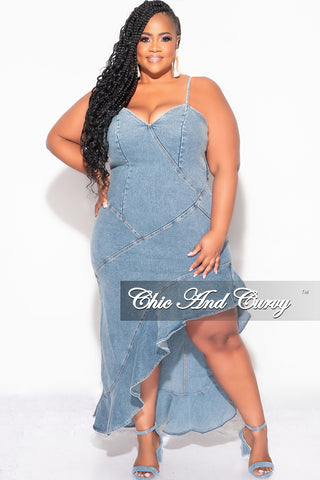 Final Sale Plus Size Sleeveless Asymmetrical Ruffle Dress in Denim