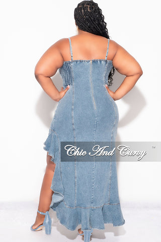 Final Sale Plus Size Sleeveless Asymmetrical Ruffle Dress in Denim