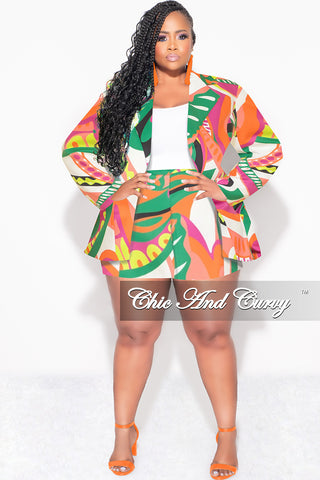 Final Sale Plus Size 2pc Blazer Short Set in Green and Orange Multi-Color