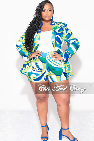 Final Sale Plus Size 2pc Blazer Short Set Suit in Lime Green and Royal Blue