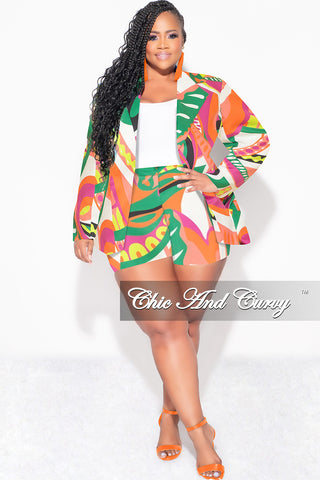 Final Sale Plus Size 2pc Blazer Short Set in Green and Orange Multi-Color