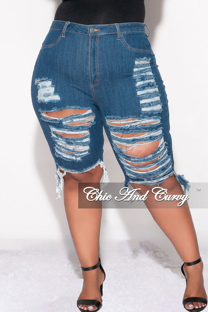 Final Sale Plus Size Distress Bermuda Shorts in Dark Denim