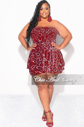 Final Sale Plus Size Strapless Romper in Burgundy & Ivory Print