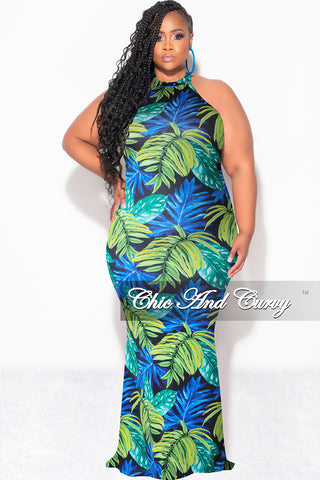 Final Sale Plus Size Halter Neck Sleeveless Mermaid Dress in Blue and Green Leaf Print