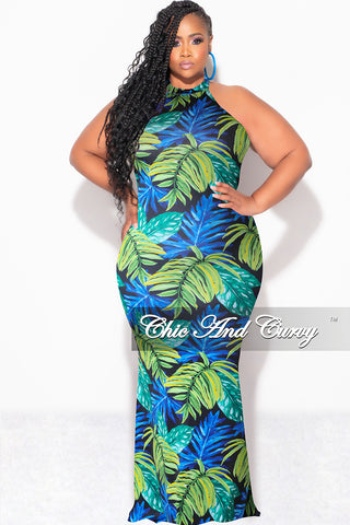 Final Sale Plus Size Halter Neck Sleeveless Mermaid Dress in Blue and Green Leaf Print