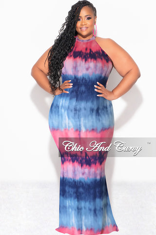 Final Sale Plus Size Halter Neck Sleeveless Mermaid Dress in Pink and Blue Tie Dye Print