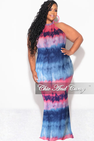 Final Sale Plus Size Halter Neck Sleeveless Mermaid Dress in Pink and Blue Tie Dye Print