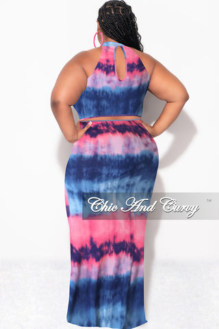 Final Sale Plus Size Halter Neck Sleeveless Mermaid Dress in Pink and Blue Tie Dye Print