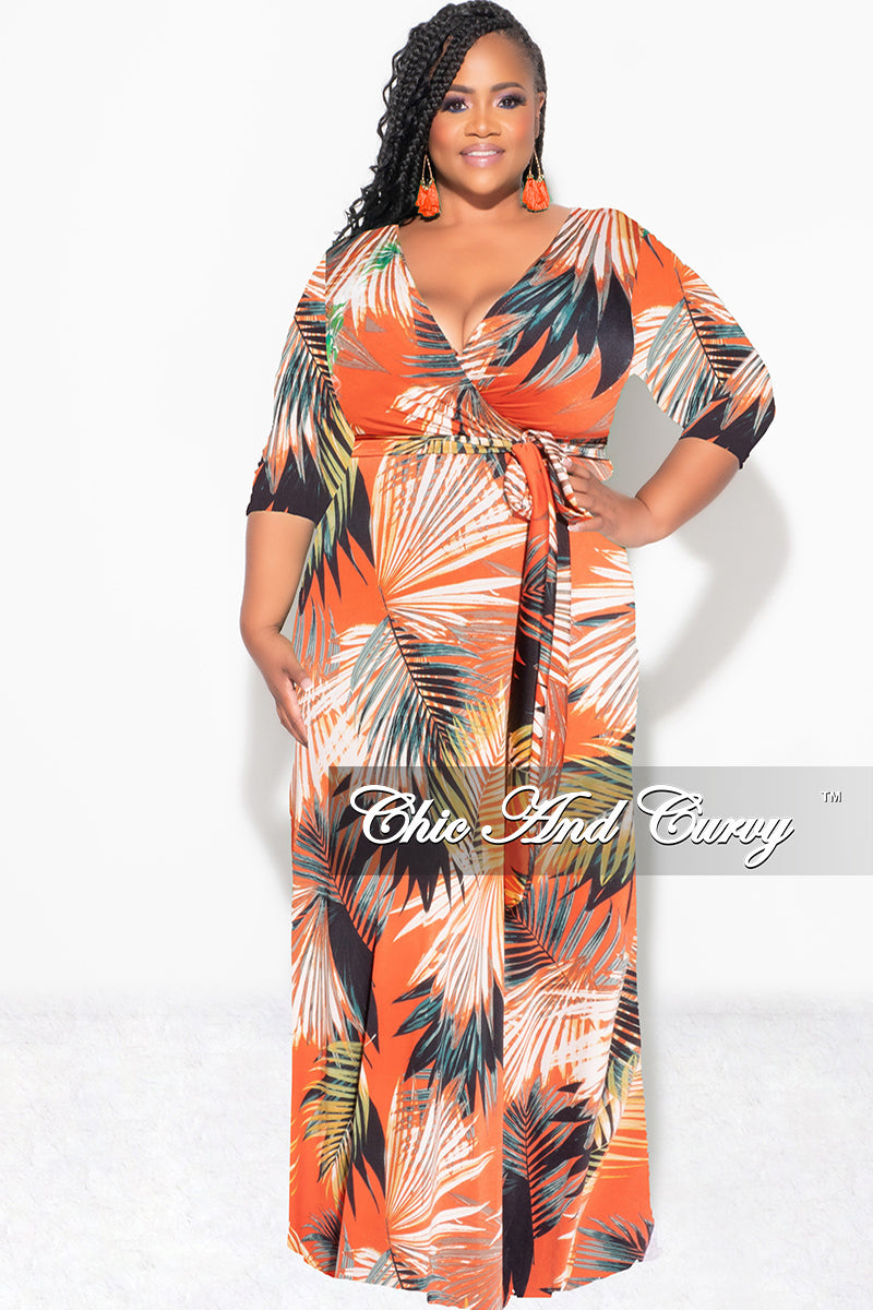 Final Sale Plus Size Faux Wrap Dress in Orange Palm Print