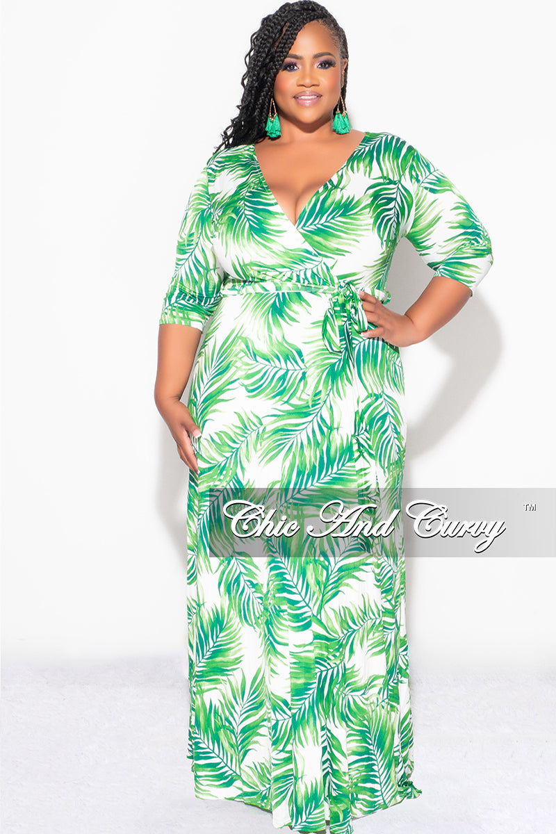 Final Sale Plus Size Faux Wrap Dress in White and Green Palm Print Final Sale Plus Size Faux Wrap Dress in White and Green Palm Print