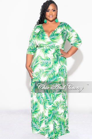 Final Sale Plus Size Faux Wrap Dress in White and Green Palm Print