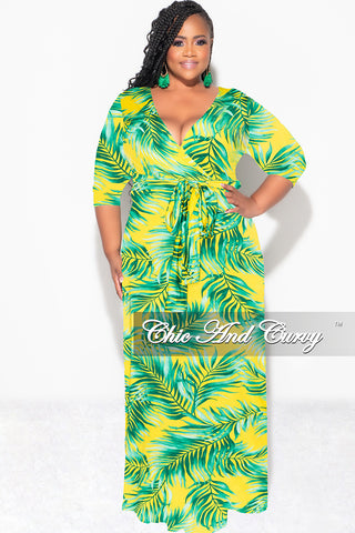 Final Sale Plus Size Faux Wrap Dress in Yellow and Green Palm Print