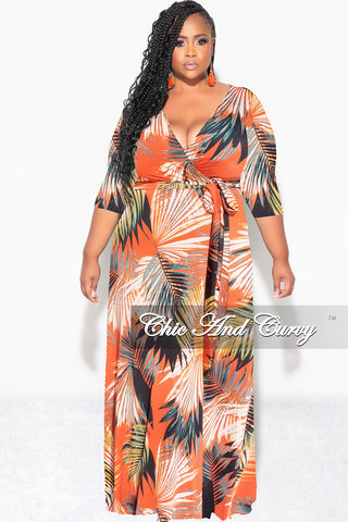 Final Sale Plus Size Faux Wrap Dress in Orange Palm Print