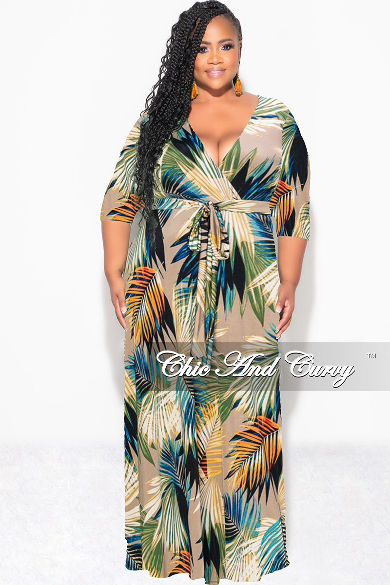 Final Sale Plus Size Faux Wrap Dress in Mocha Palm Print