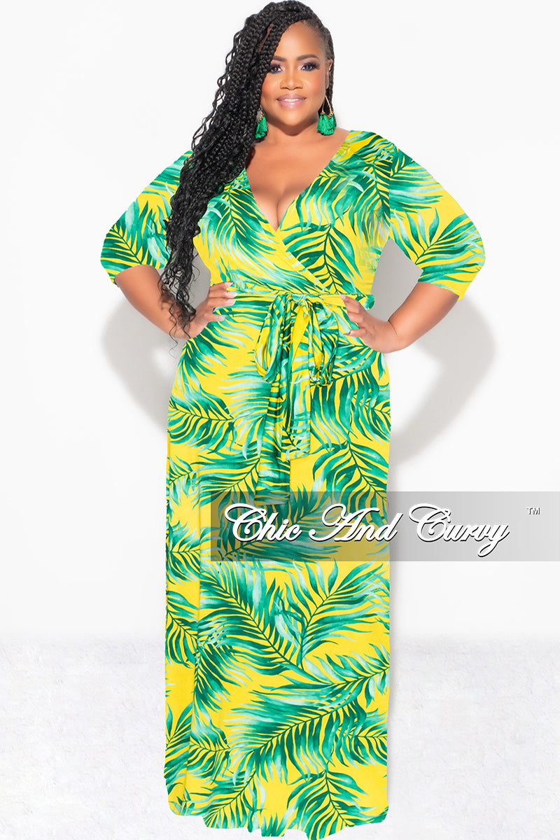 Final Sale Plus Size Faux Wrap Dress in Yellow and Green Palm Print