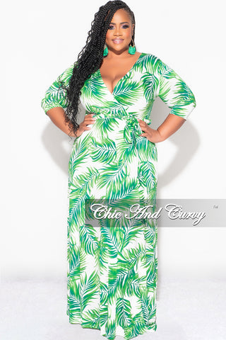 Final Sale Plus Size Faux Wrap Dress in White and Green Palm Print