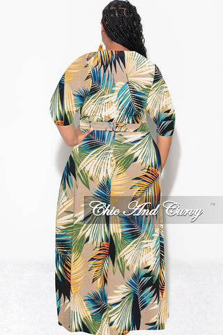 Final Sale Plus Size Faux Wrap Dress in Mocha Palm Print