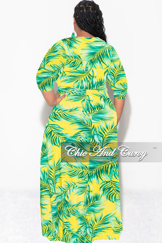 Final Sale Plus Size Faux Wrap Dress in Yellow and Green Palm Print