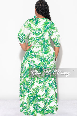 Final Sale Plus Size Faux Wrap Dress in White and Green Palm Print