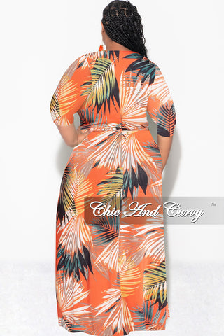 Final Sale Plus Size Faux Wrap Dress in Orange Palm Print