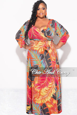 Final Sale Plus Size Deep V-Neck Faux Wrap Dress with 3/4 Sleeves in Orange Multi Leaf Print