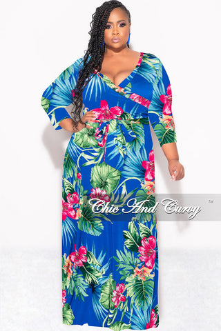 Final Sale Plus Size Faux Wrap Dress in Royal Blue Green and Fuchsia Floral Print