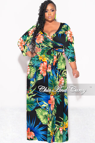 Final Sale Plus Size Faux Wrap Dress in Black Green and Royal Blue Floral Print