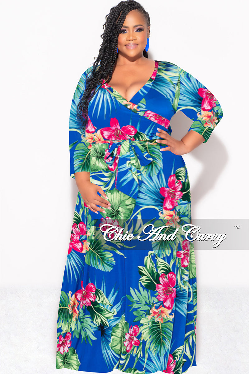 Final Sale Plus Size Faux Wrap Dress in Royal Blue Green and Fuchsia Floral Print