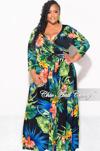 Final Sale Plus Size Faux Wrap Dress in Black Green and Royal Blue Floral Print