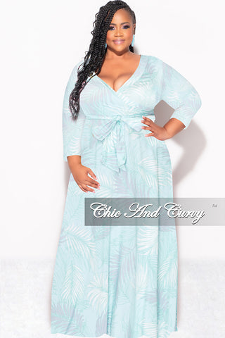 Final Sale Plus Size Faux Wrap Dress in Aqua Palm Print