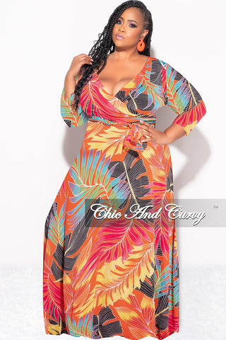 Final Sale Plus Size Deep V-Neck Faux Wrap Dress with 3/4 Sleeves in Orange Multi Leaf Print