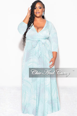 Final Sale Plus Size Faux Wrap Dress in Aqua Palm Print