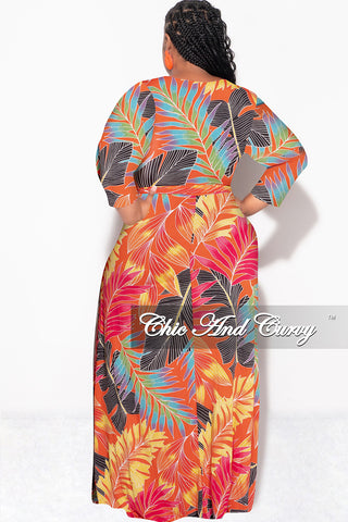 Final Sale Plus Size Deep V-Neck Faux Wrap Dress with 3/4 Sleeves in Orange Multi Leaf Print