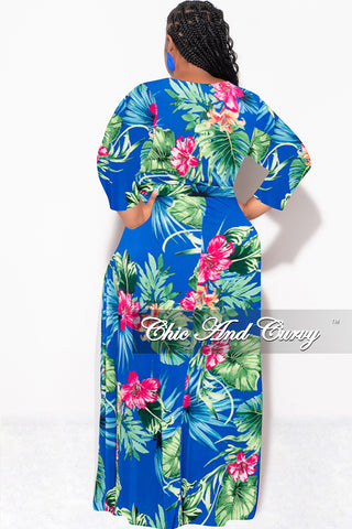 Final Sale Plus Size Faux Wrap Dress in Royal Blue Green and Fuchsia Floral Print