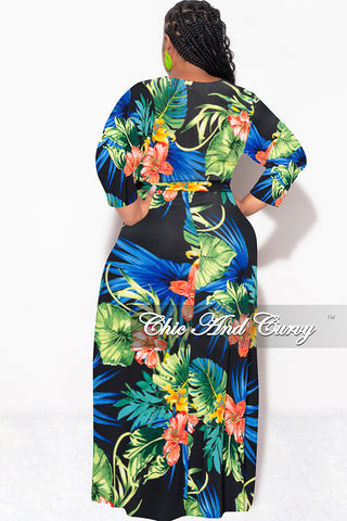 Final Sale Plus Size Faux Wrap Dress in Black Green and Royal Blue Floral Print