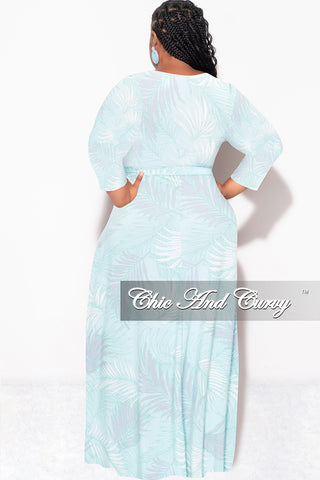 Final Sale Plus Size Faux Wrap Dress in Aqua Palm Print