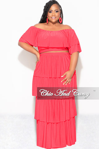 Final Sale Plus Size 2pc Ruffle Tiered Off the Shoulder Crop Top Maxi Skirt Set in Coral