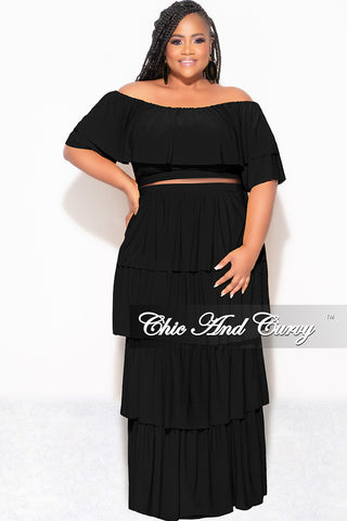 Final Sale Plus Size 2pc Ruffle Tiered Off the Shoulder Crop Top Maxi Skirt Set in Black