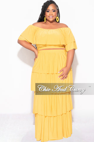 Final Sale Plus Size 2pc Ruffle Tiered Off the Shoulder Crop Top Maxi Skirt Set in Mustard